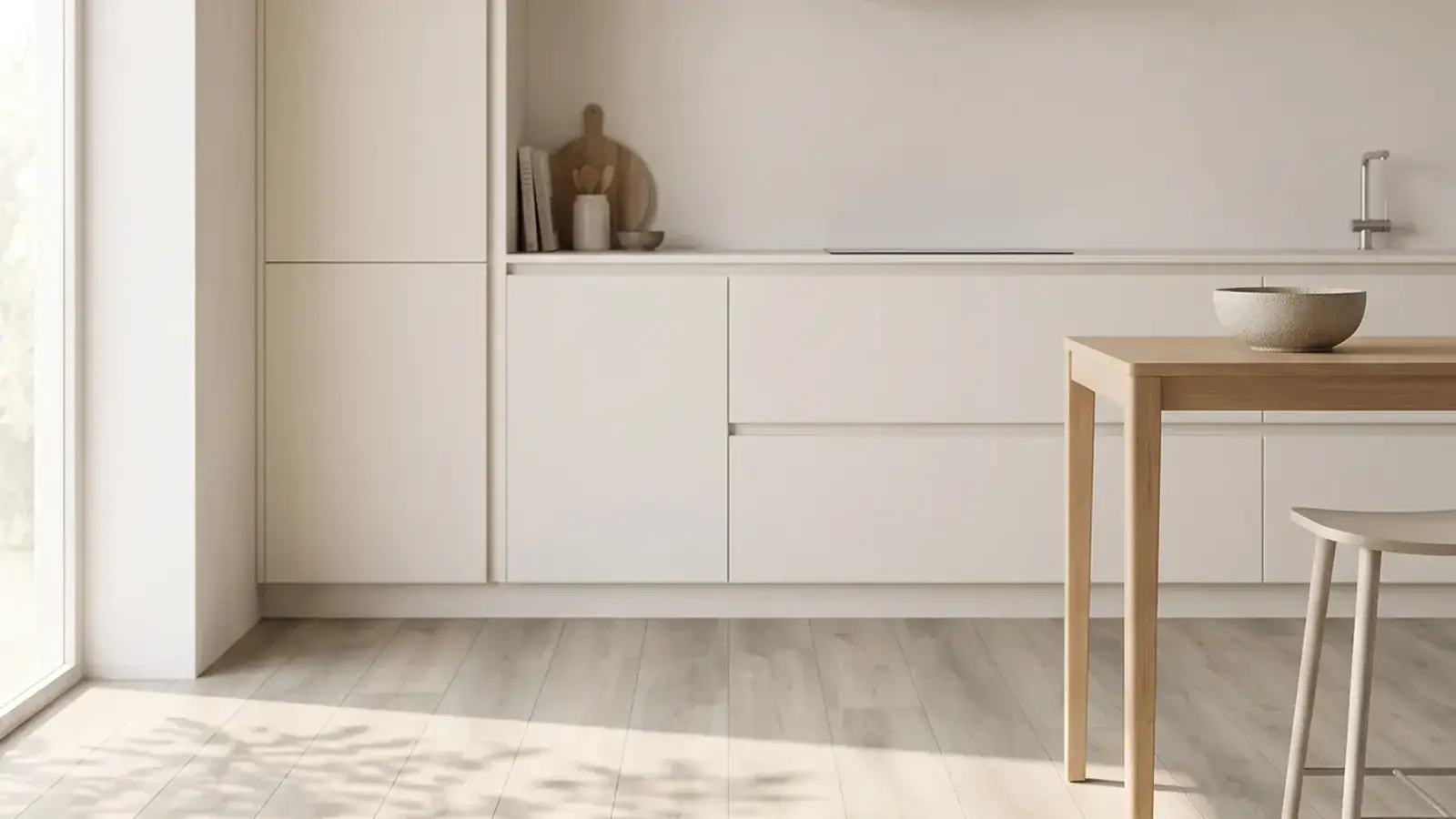 Light grey oak plank floor in a bright kitchen with white flat-front cabinets and a wood table