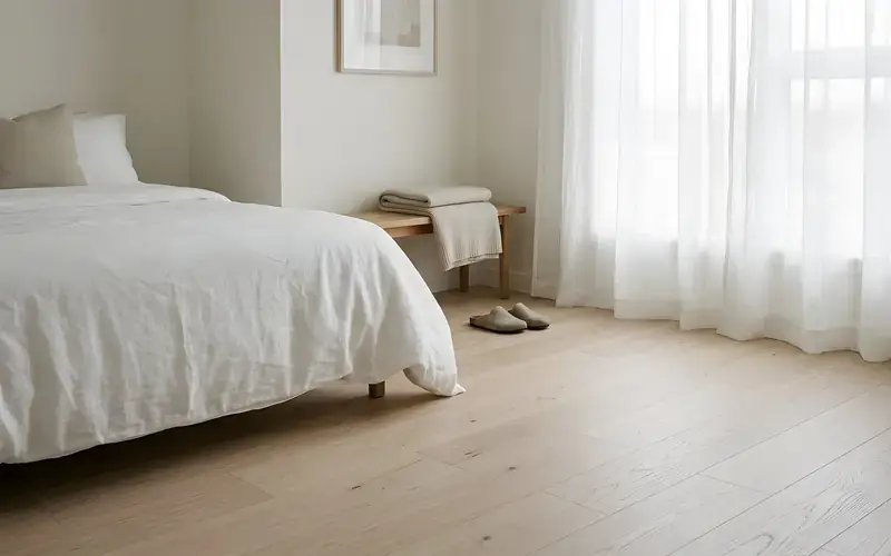 Pale wide-plank oak floor in a quiet bedroom with white linen bedding and sheer curtains