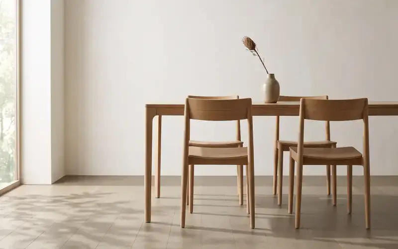 Greige oak plank floor in a bright dining area with a light wood table and chairs by a window