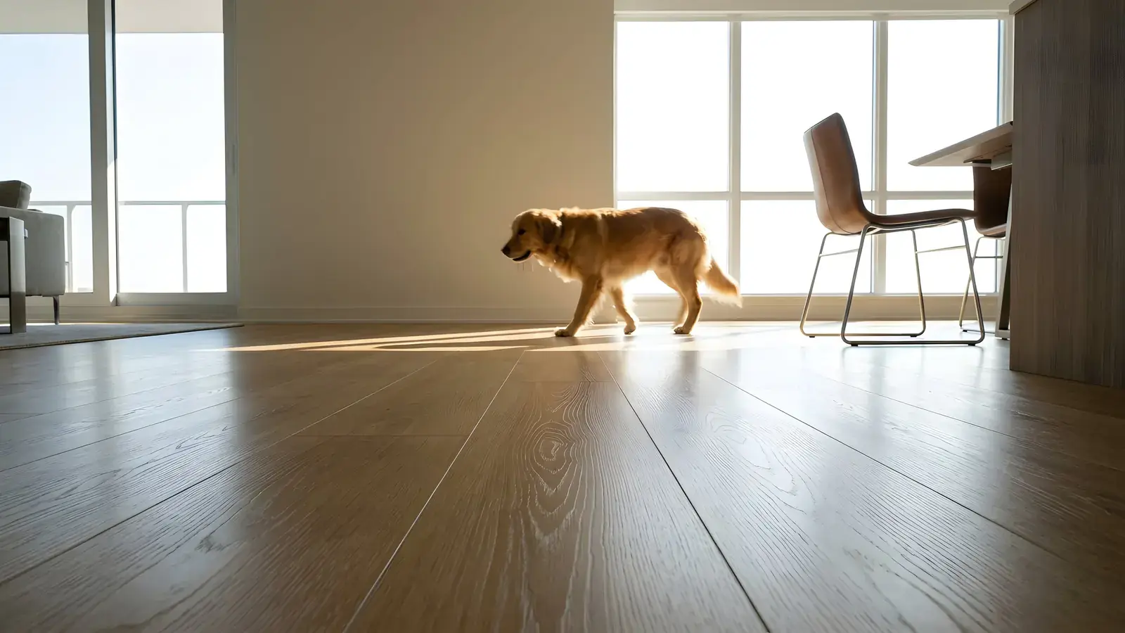 Golden retriever walking across a natural oak plank floor in a sunny condo with a glass balcony railing