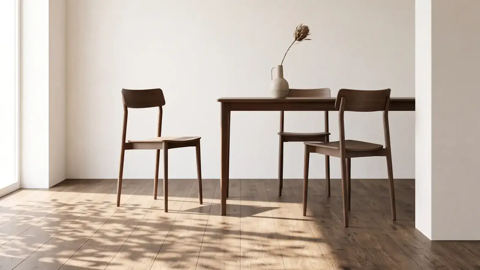 Dark oak plank floor in a bright dining area with two walnut chairs and a table by a window