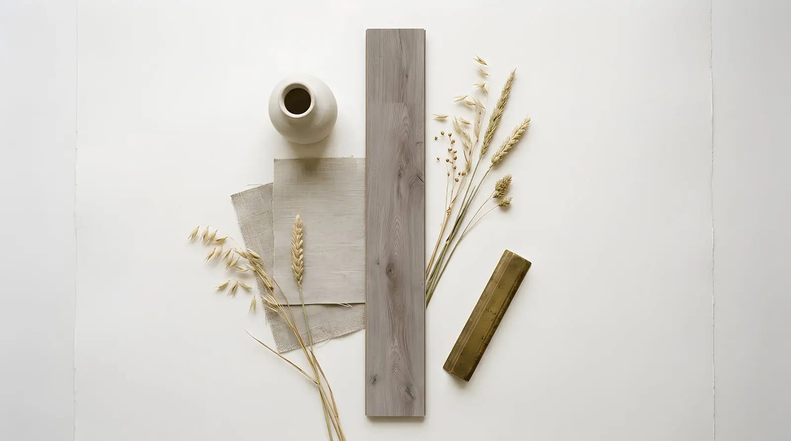 A grey oak plank sample on white paper beside a linen swatch, a cream vase, dried grasses and a brass bar