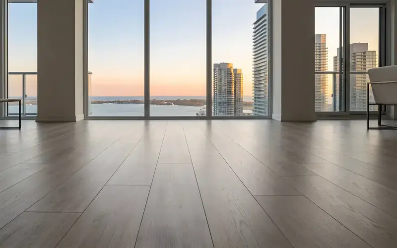 Empty high-floor condo with greige oak plank flooring and floor-to-ceiling windows facing the lake
