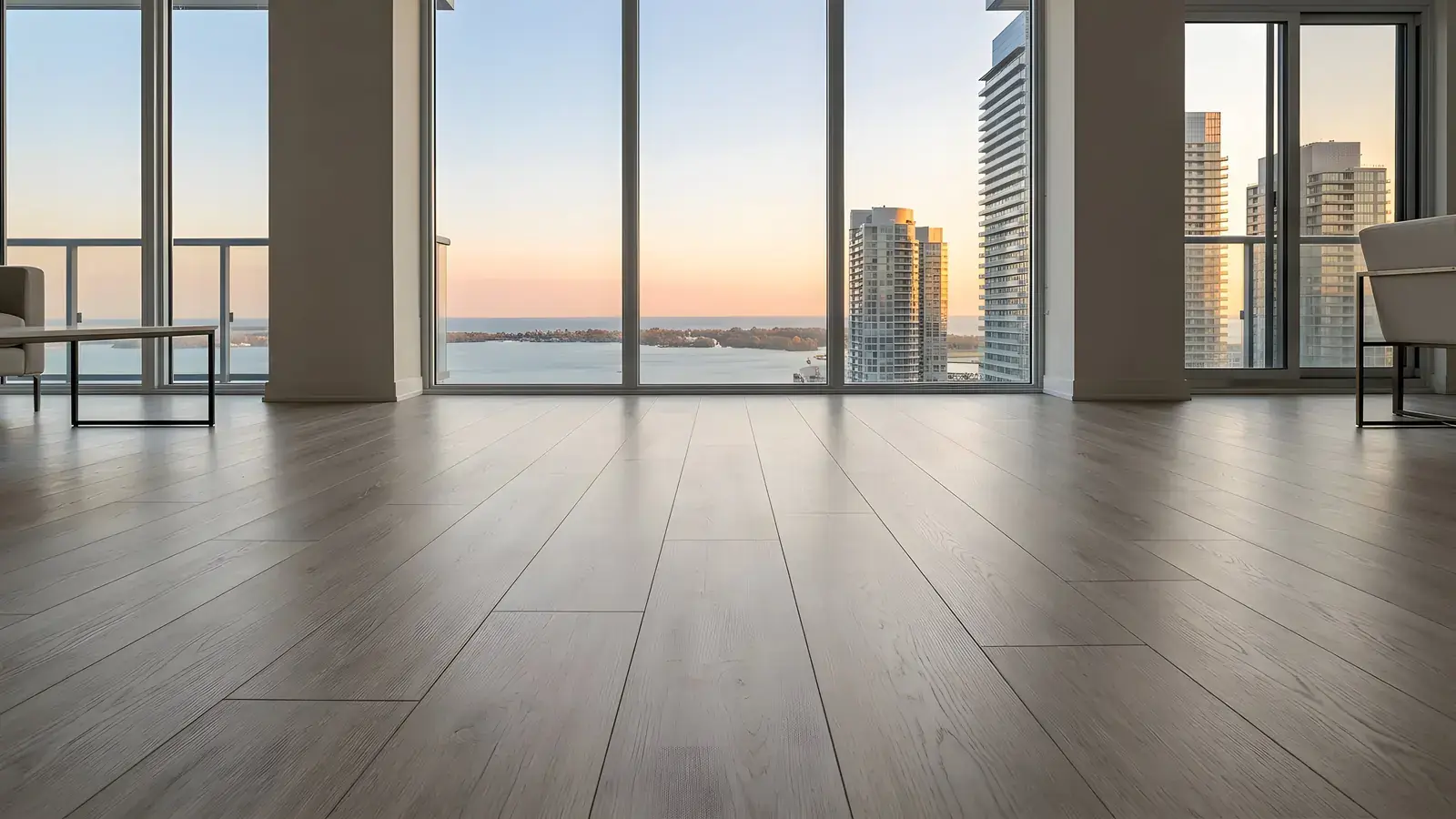 Empty high-floor condo with greige oak plank flooring and floor-to-ceiling windows facing the lake