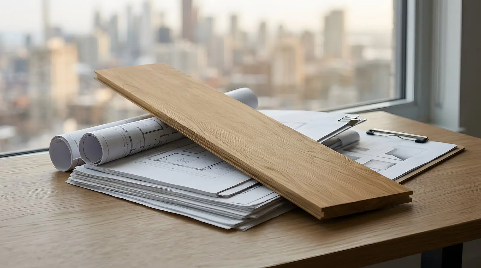 An oak flooring plank resting on rolled floor plans and a clipboard by a high-rise window