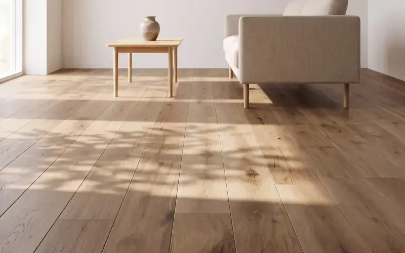 Natural oak plank floor in a bright living room with a linen sofa and a low wood table
