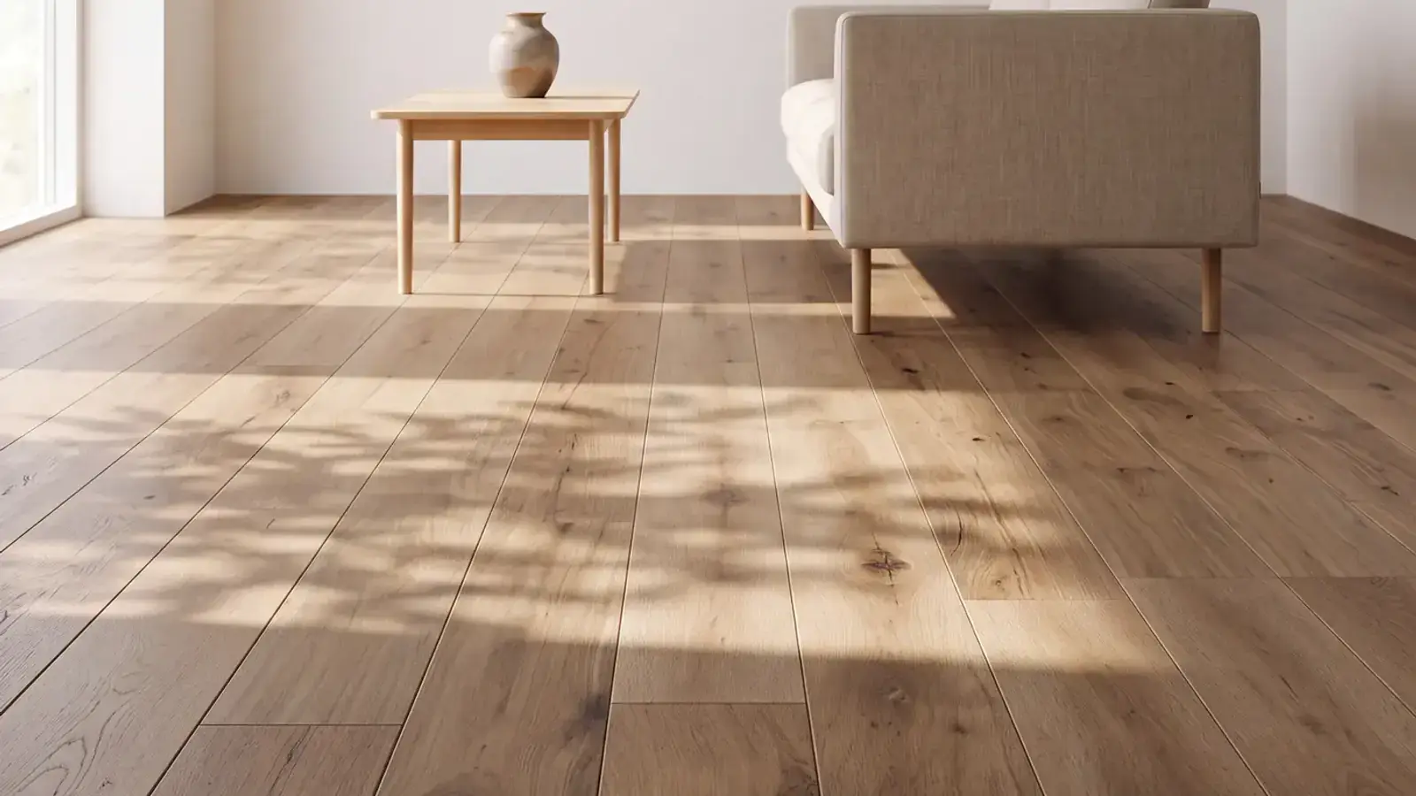 Natural oak plank floor in a bright living room with a linen sofa and a low wood table