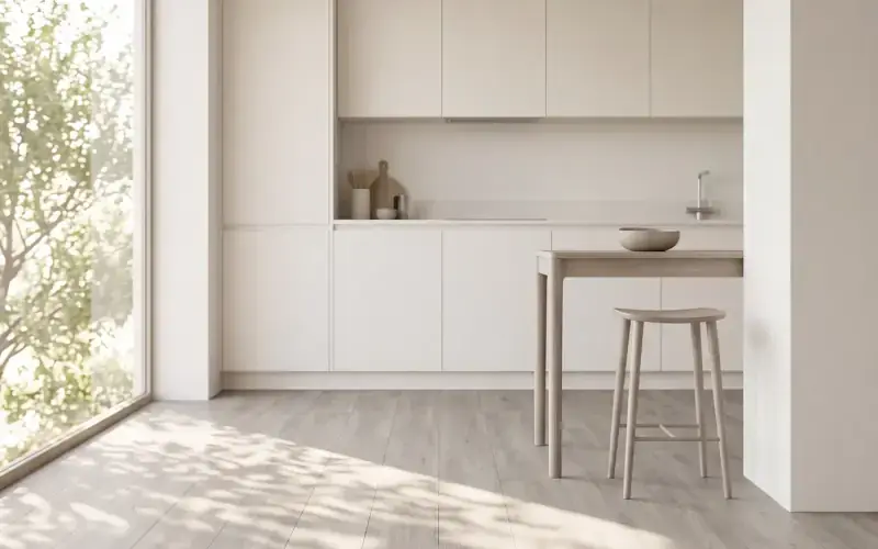 Pale oak laminate plank flooring in a bright condo kitchen with white cabinets and a small wood table