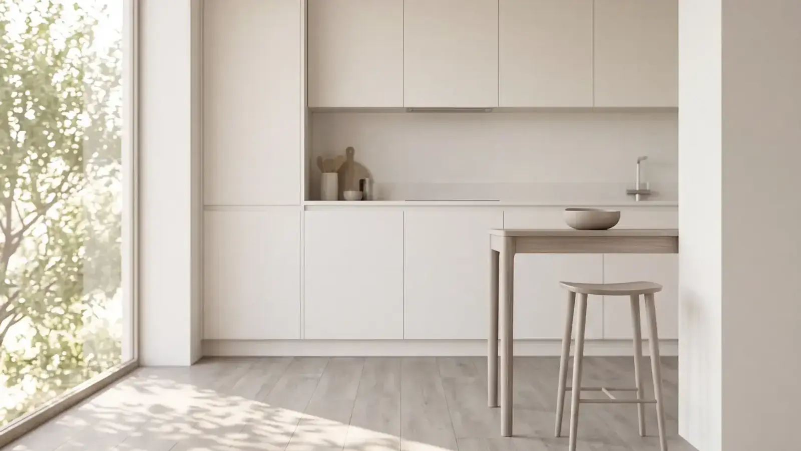 Pale oak laminate plank flooring in a bright condo kitchen with white cabinets and a small wood table