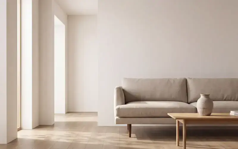 Pale plank floor in a bright minimalist living room with a linen sofa and a light wood coffee table