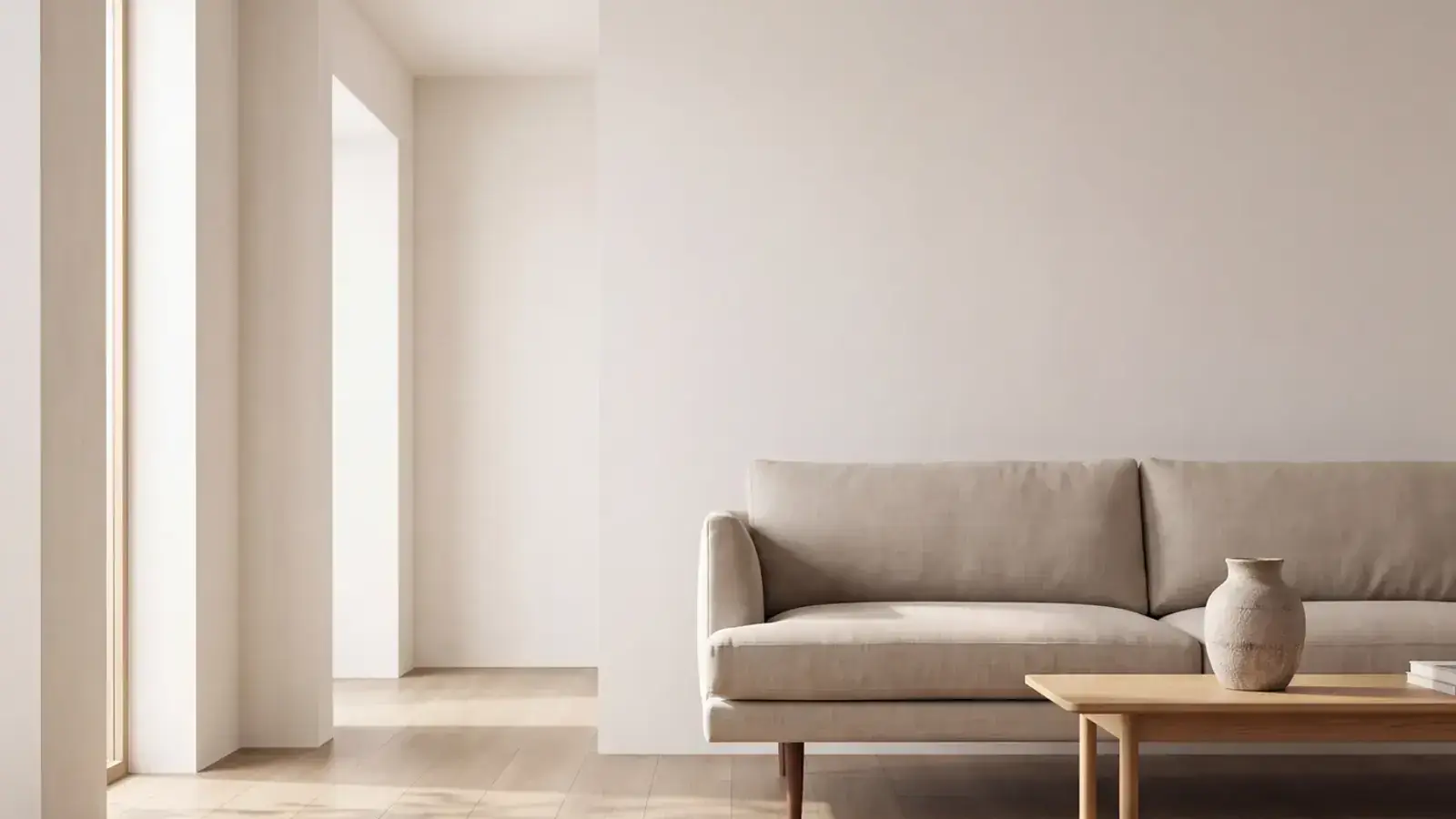 Pale plank floor in a bright minimalist living room with a linen sofa and a light wood coffee table