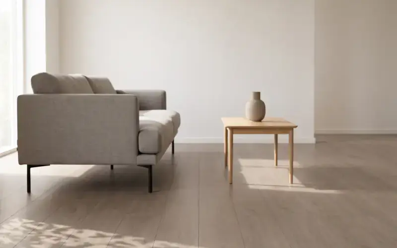 Greige oak plank floor in a bright, sparse living room with a linen sofa and a pale side table