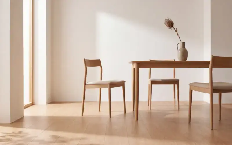 Oak dining chairs and table on a light honey oak plank floor in afternoon sun from a tall window