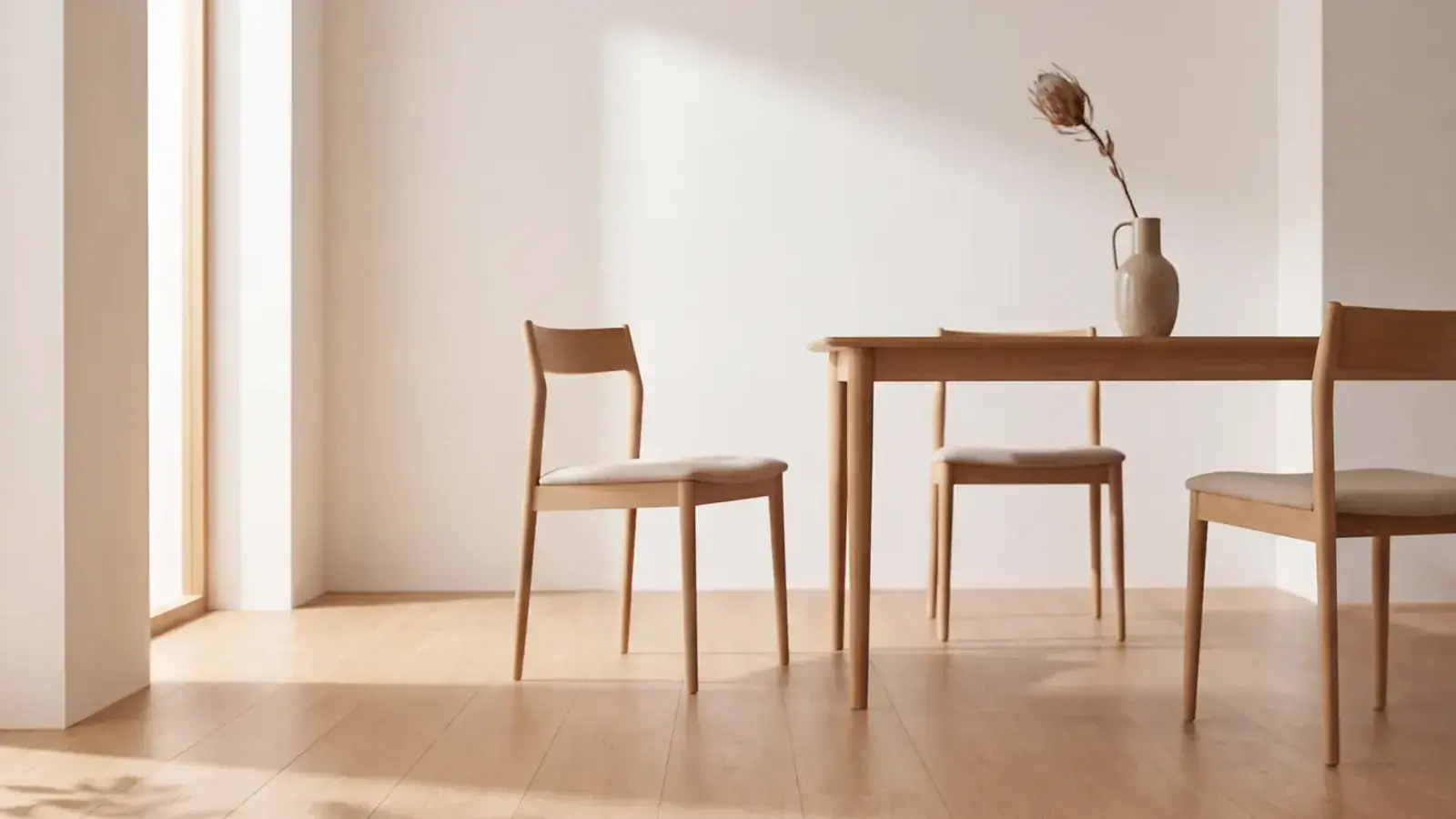 Oak dining chairs and table on a light honey oak plank floor in afternoon sun from a tall window