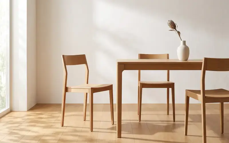 Honey oak plank flooring in a sunlit dining area with a wood table and three wood chairs