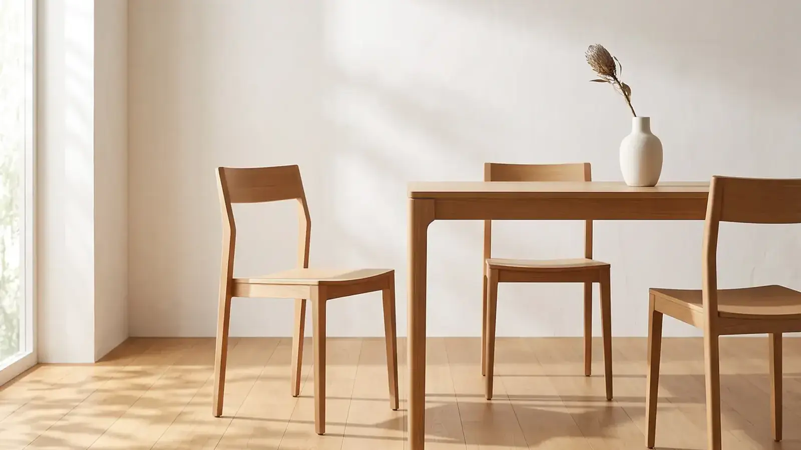 Honey oak plank flooring in a sunlit dining area with a wood table and three wood chairs