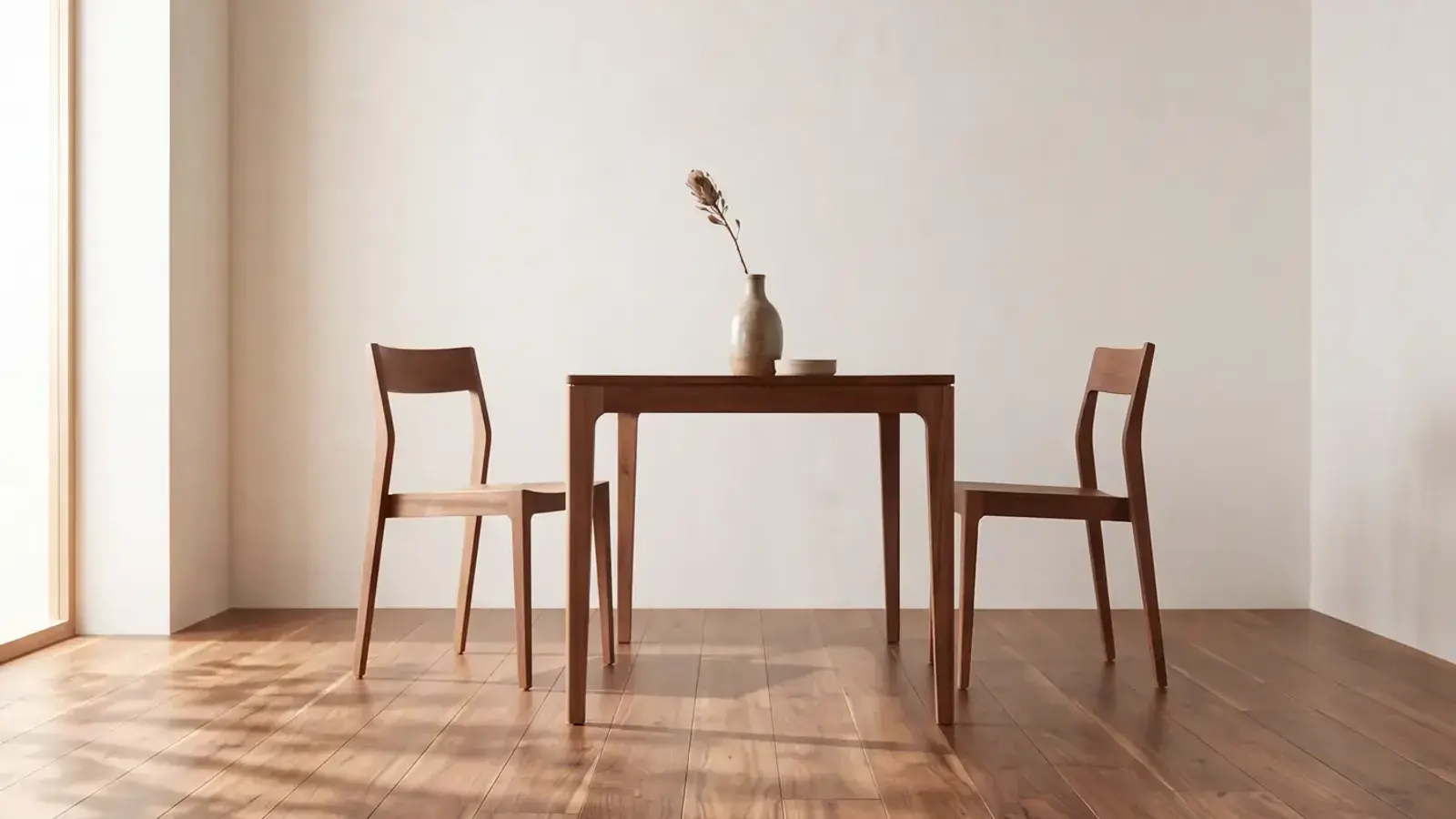 Small wooden dining table and two chairs on a warm brown plank floor against a plain cream wall