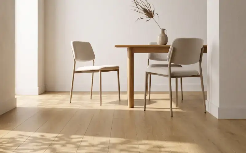 Light oak plank floor in a bright dining area with a wood table and two linen chairs