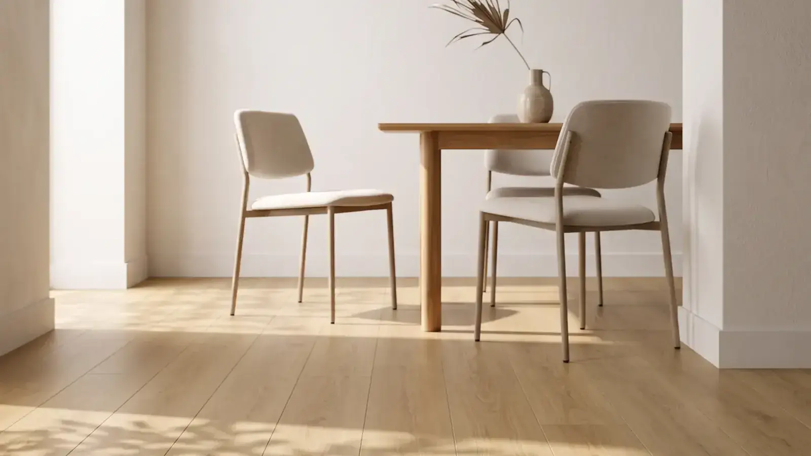 Light oak plank floor in a bright dining area with a wood table and two linen chairs