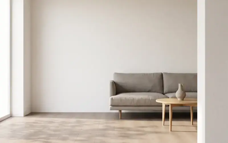 Bright living room with light oak plank flooring, a grey linen sofa and a round pale wood coffee table