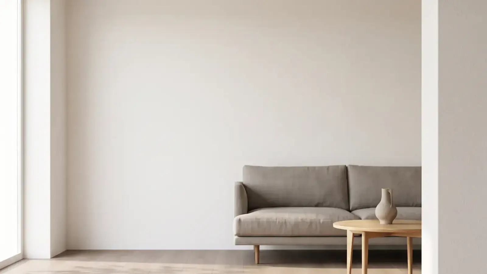 Bright living room with light oak plank flooring, a grey linen sofa and a round pale wood coffee table