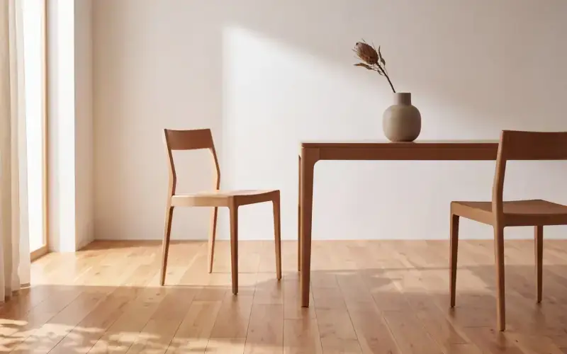 Honey oak plank floor in a sunlit dining room with a wooden table, two chairs and a vase