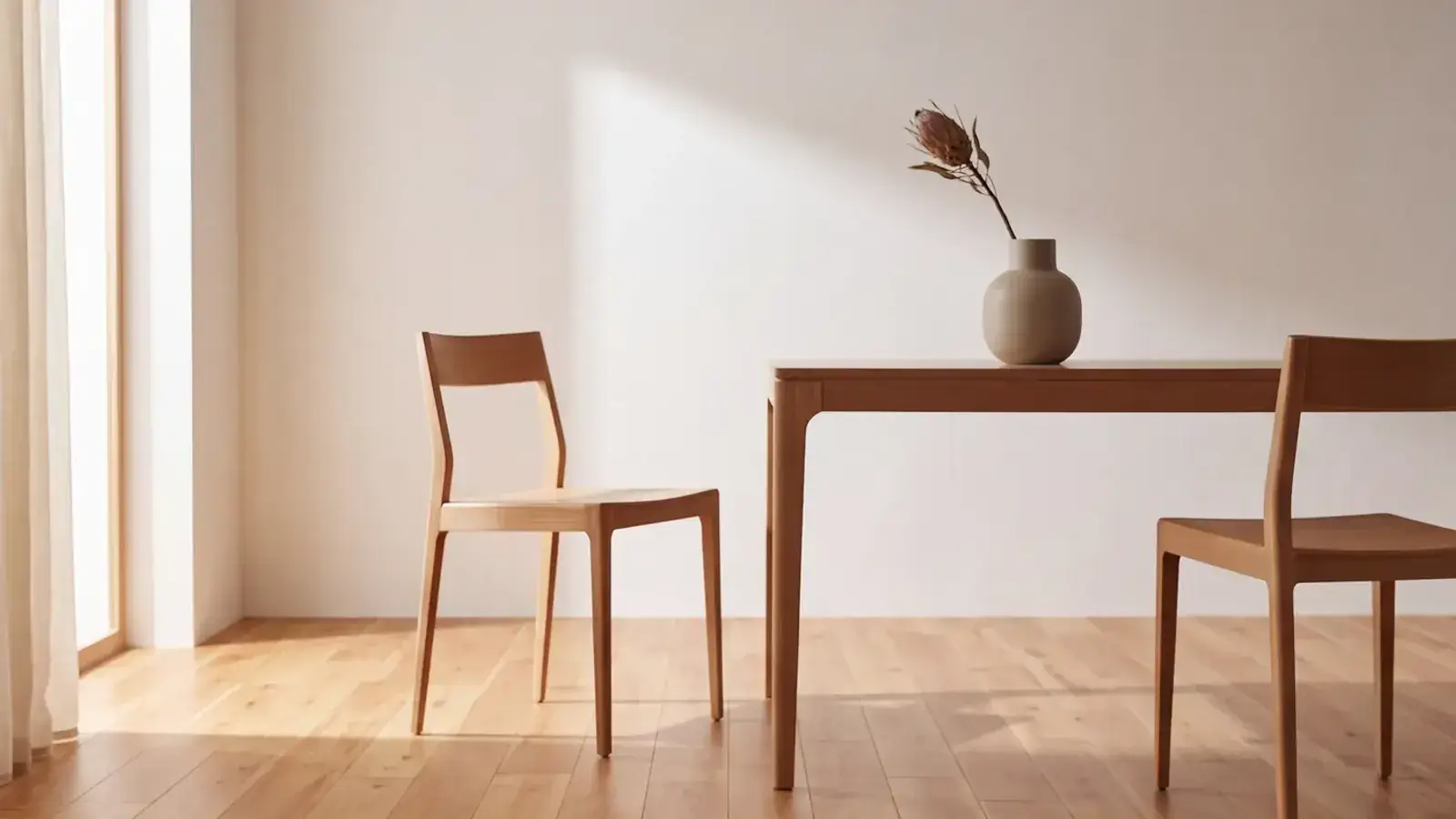 Honey oak plank floor in a sunlit dining room with a wooden table, two chairs and a vase
