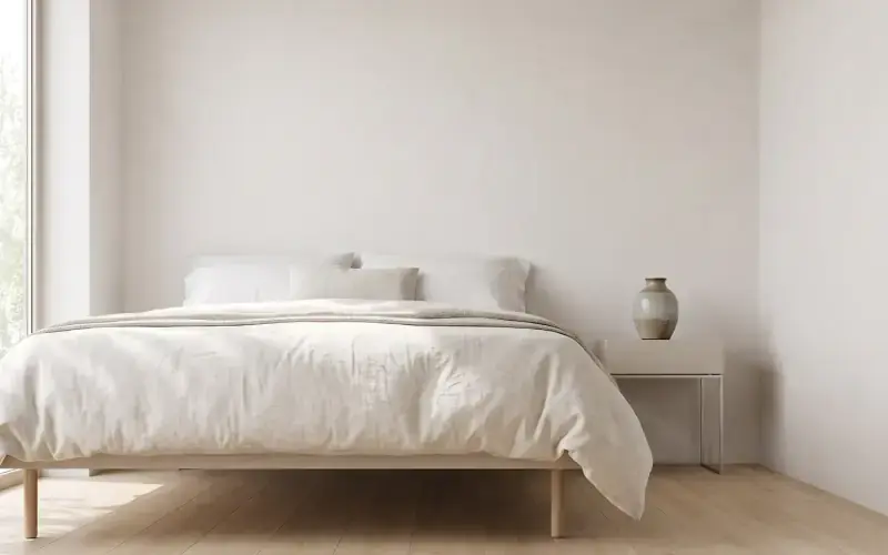 Bright bedroom with pale oak plank flooring, a linen-covered bed and a ceramic vase on a white nightstand