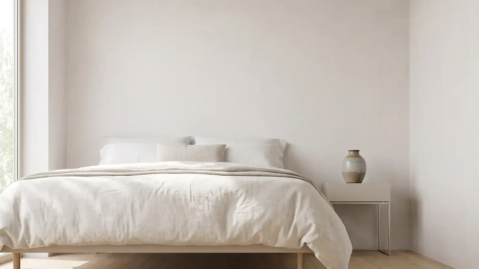 Bright bedroom with pale oak plank flooring, a linen-covered bed and a ceramic vase on a white nightstand