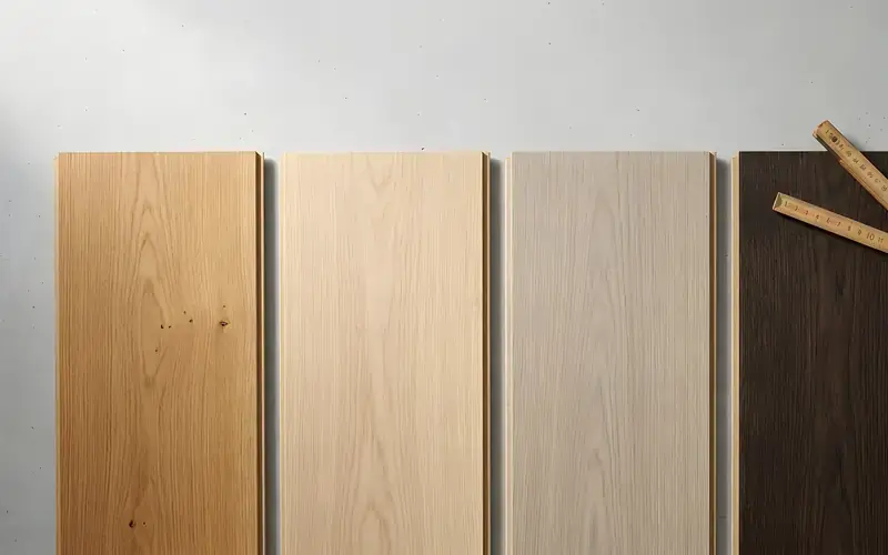 Four oak plank samples from honey to dark brown laid side by side with a folding ruler on top