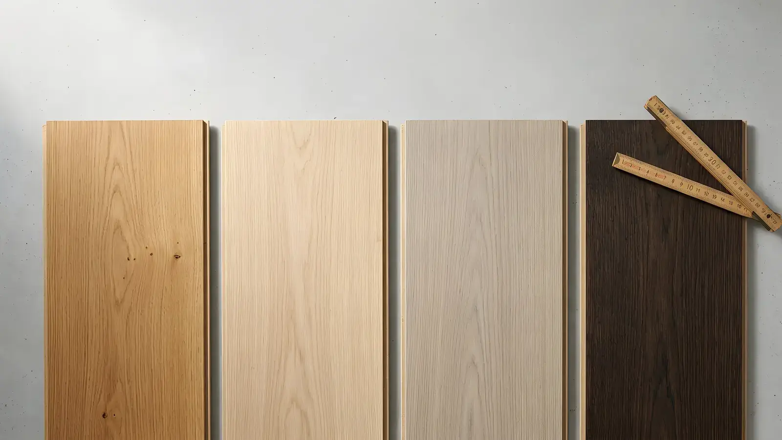 Four oak plank samples from honey to dark brown laid side by side with a folding ruler on top