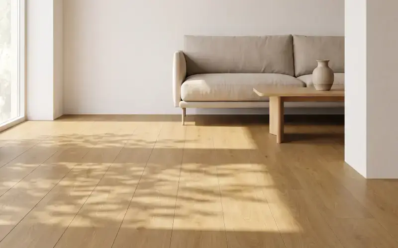 Natural oak plank floor in a sunlit living room with a linen sofa and a low wood table