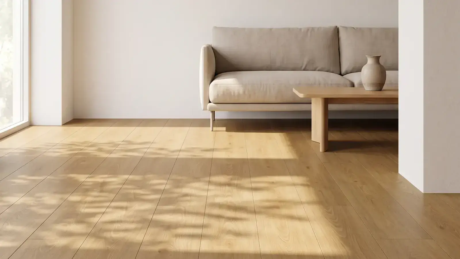 Natural oak plank floor in a sunlit living room with a linen sofa and a low wood table