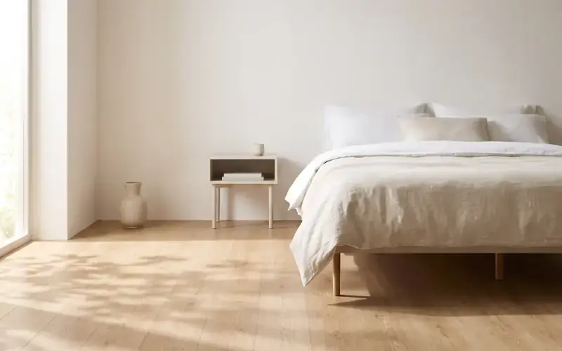 Light oak plank flooring in a bright bedroom with a linen dressed bed and soft window shadows