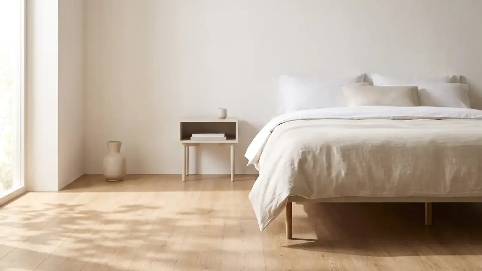 Light oak plank flooring in a bright bedroom with a linen dressed bed and soft window shadows