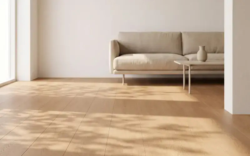Warm oak plank floor in a bright condo living room with a linen sofa and soft window shadows