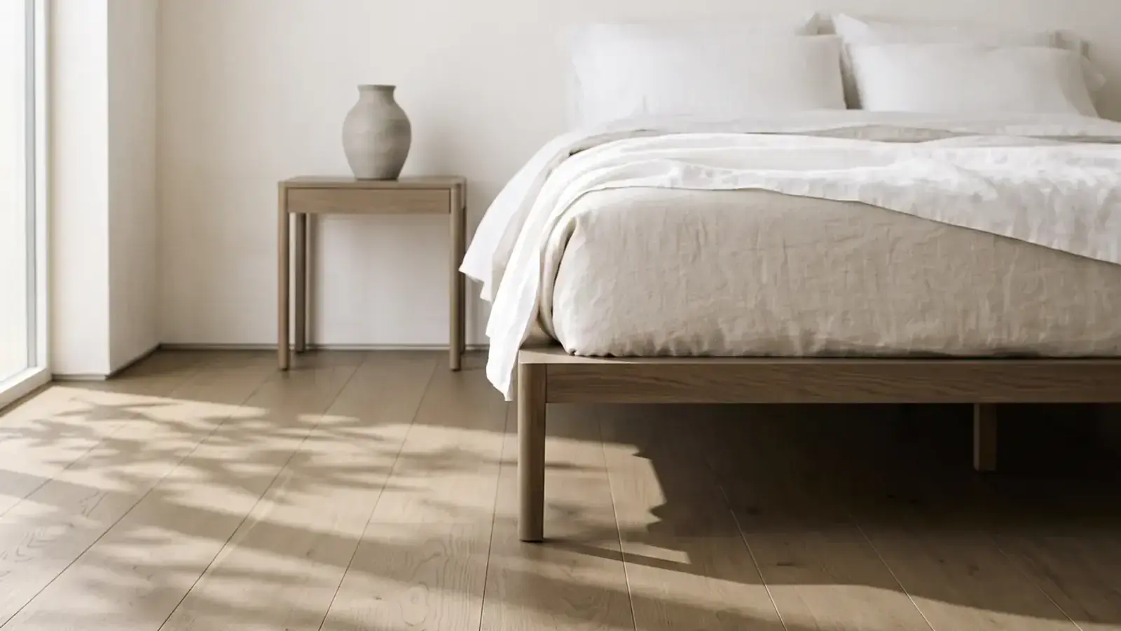 Bright bedroom with light oak plank flooring, a linen-dressed wood bed and a pale vase on the nightstand