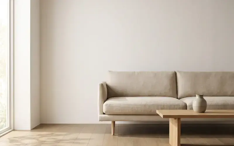 Linen sofa and oak coffee table against a pale wall, with a strip of light wood plank floor by a tall window
