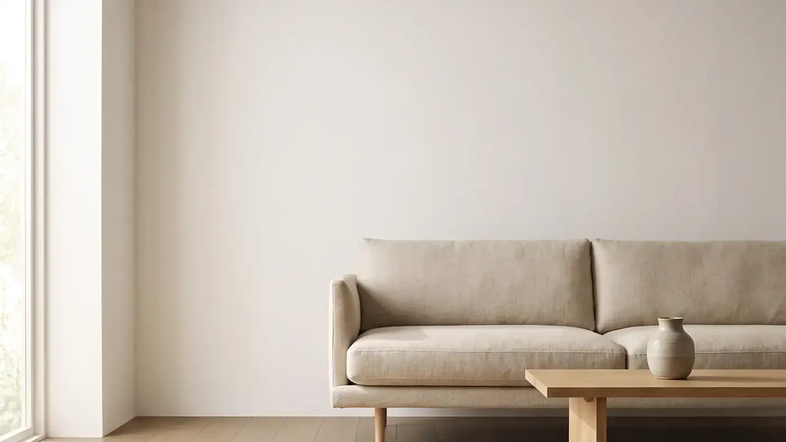 Linen sofa and oak coffee table against a pale wall, with a strip of light wood plank floor by a tall window