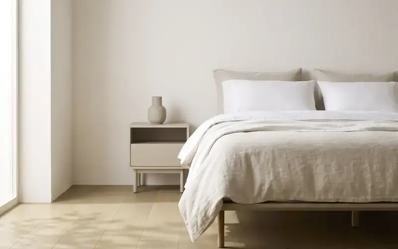 Bedroom with pale oak plank flooring, a linen covered bed and a beige nightstand beside a bright window
