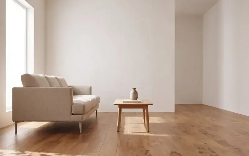 Sunlit living room with mid-tone wood plank flooring, a linen sofa and a small side table holding a vase