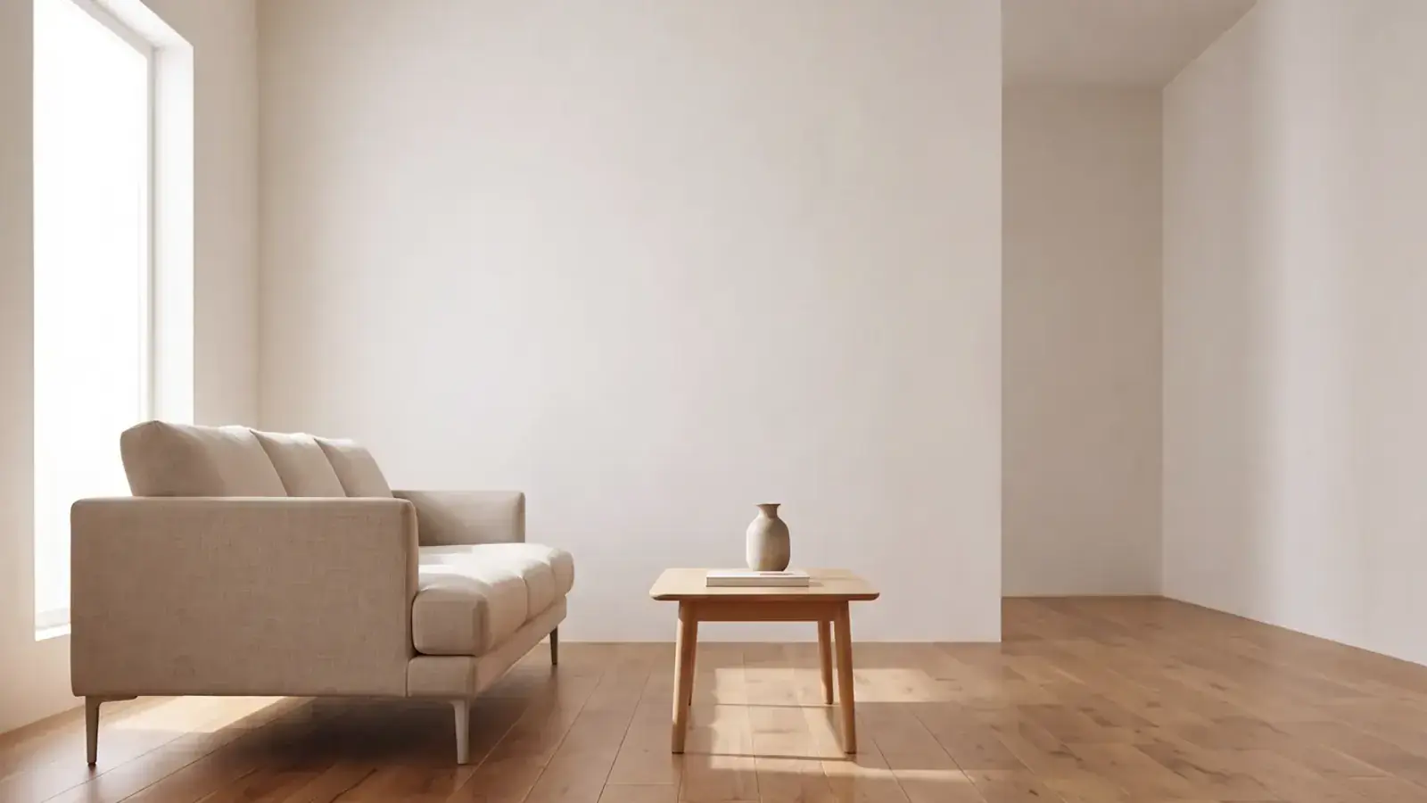 Sunlit living room with mid-tone wood plank flooring, a linen sofa and a small side table holding a vase