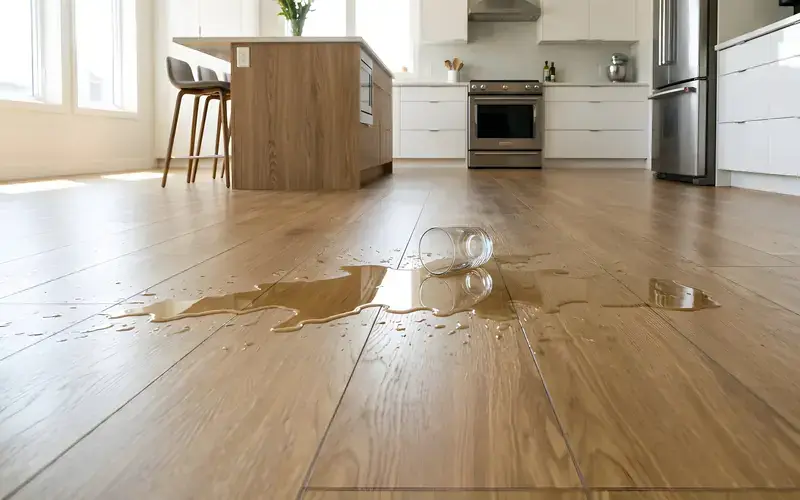 Tipped glass with water spilled across an oak plank kitchen floor beside a wood island and white cabinets
