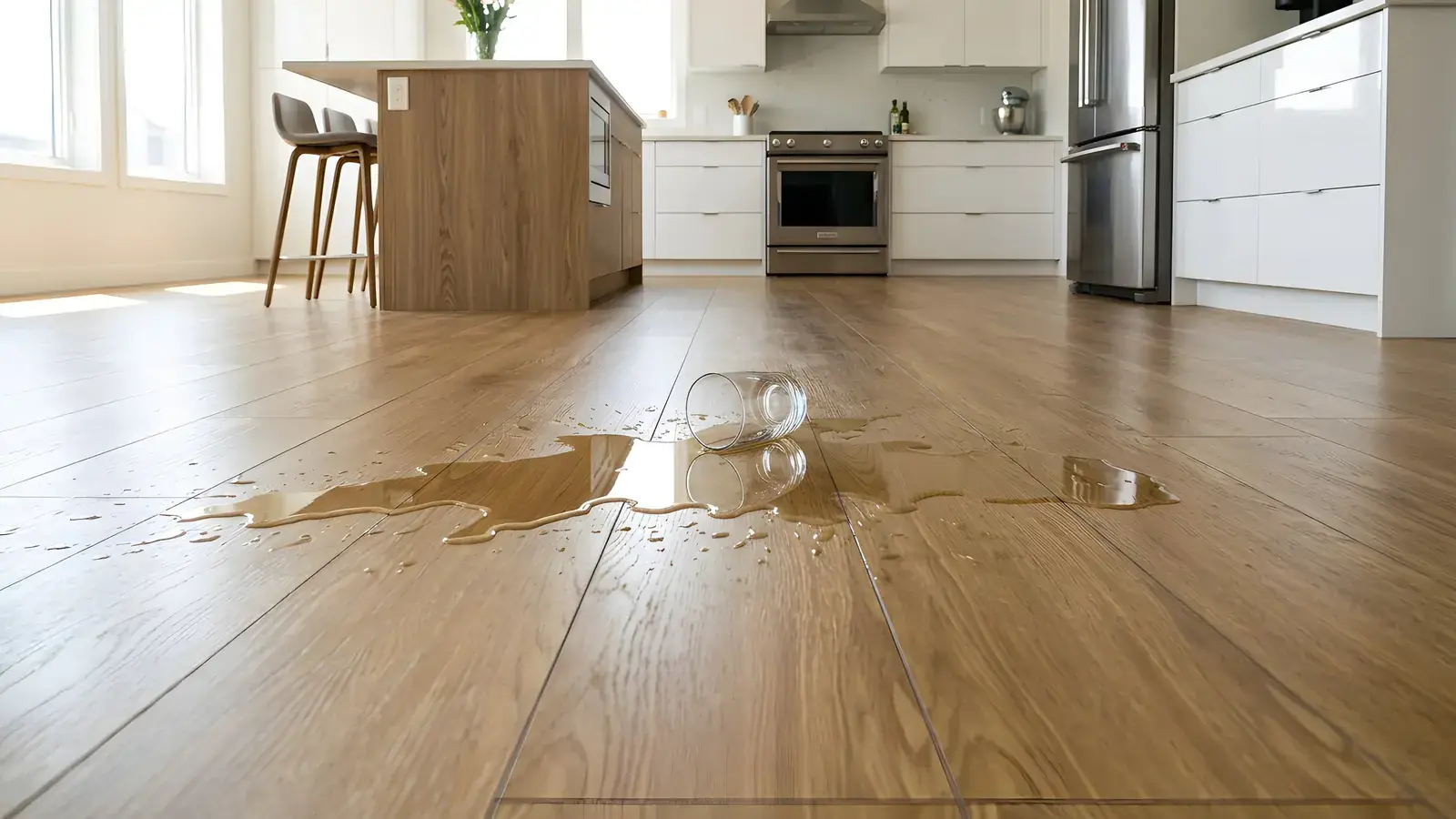 Tipped glass with water spilled across an oak plank kitchen floor beside a wood island and white cabinets