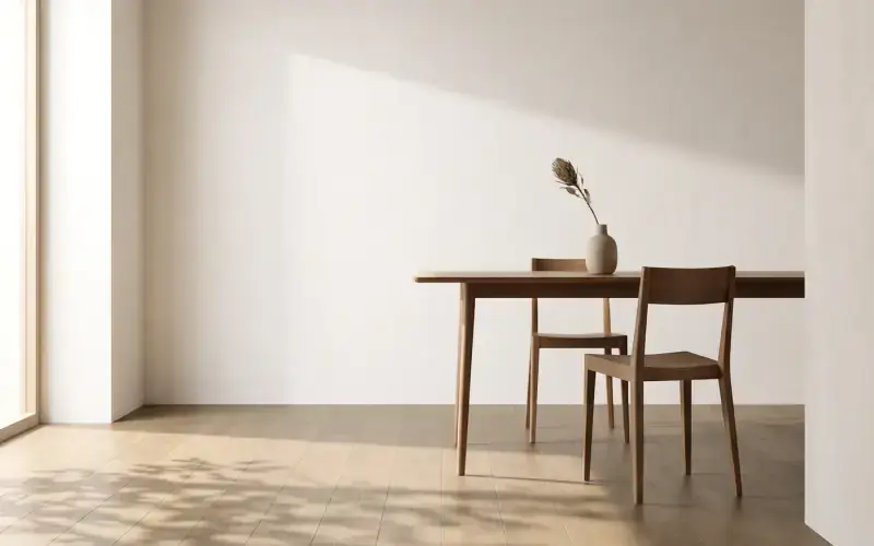 Wooden dining table and two chairs on pale oak plank flooring, with sunlight across a white wall