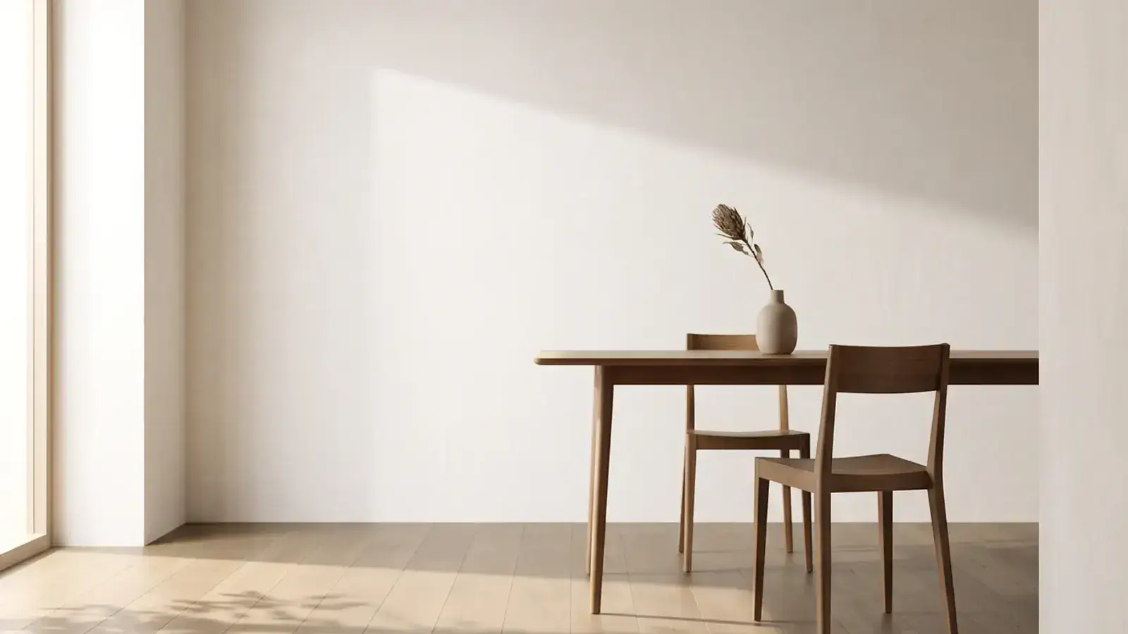 Wooden dining table and two chairs on pale oak plank flooring, with sunlight across a white wall