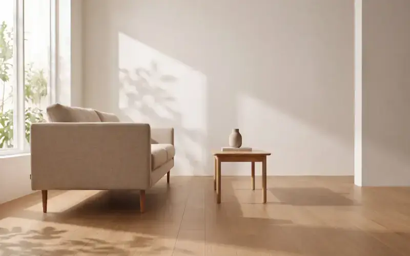 Light natural oak plank floor in a sunlit living room with a linen sofa and a small wood side table