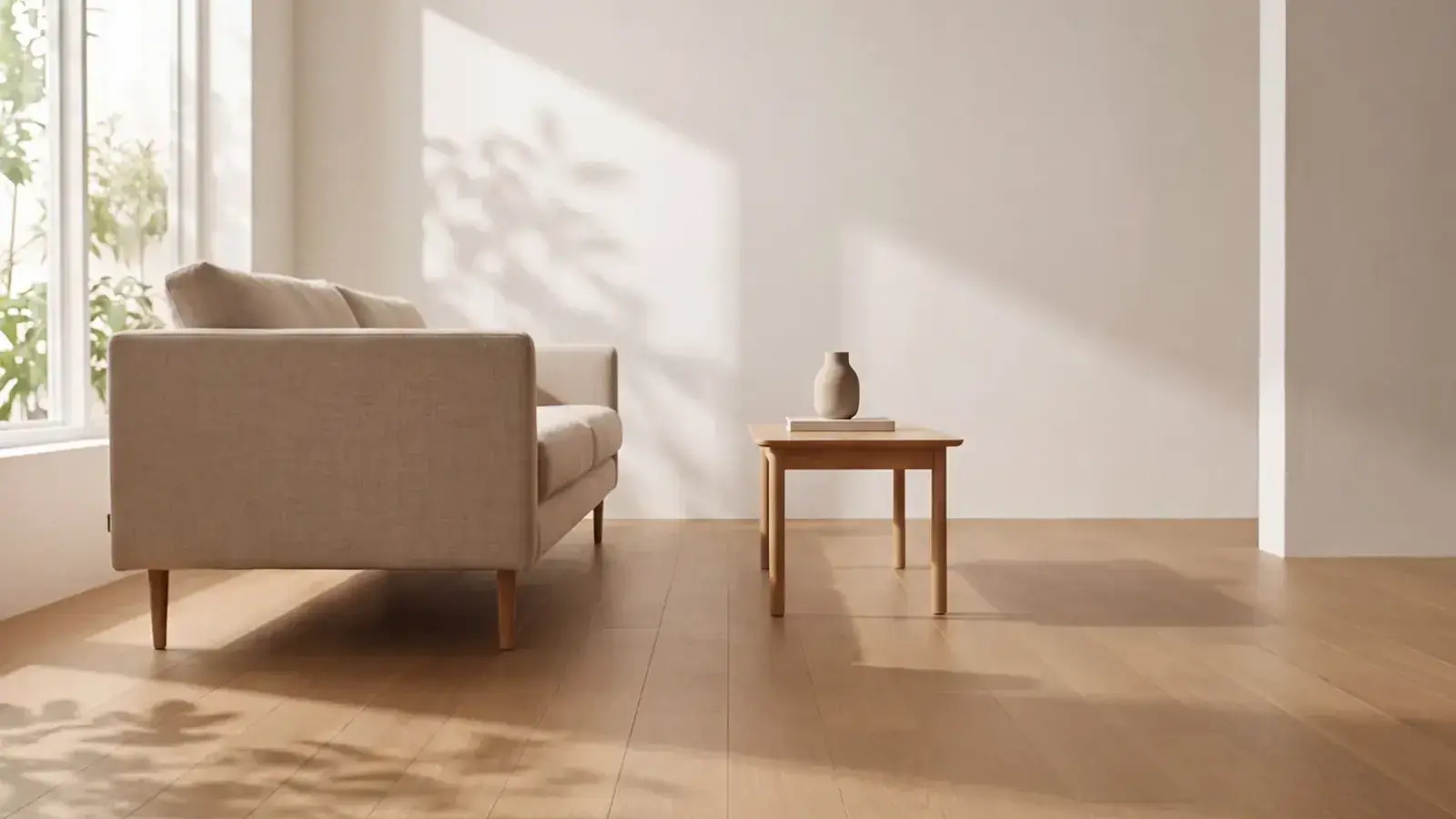 Light natural oak plank floor in a sunlit living room with a linen sofa and a small wood side table