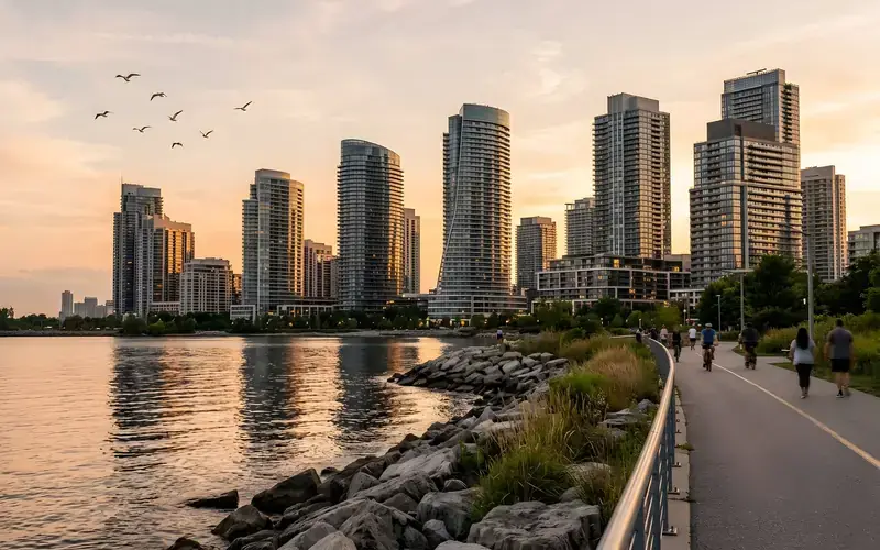 Lakeside condo towers at sunset beside a waterfront trail with walkers and cyclists