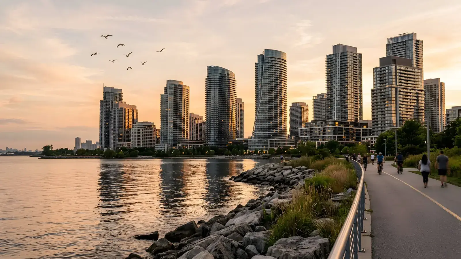Lakeside condo towers at sunset beside a waterfront trail with walkers and cyclists